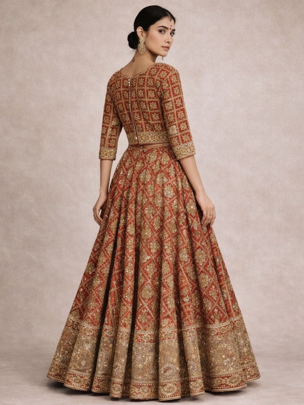Stunning Handmade Couture Gold, Red & Orange Wedding Lehenga Indian Dress